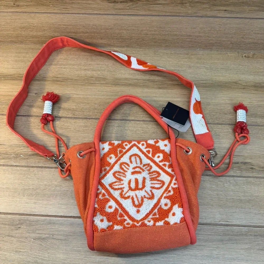 NWT‎ America & Beyond Canvas Beaded Mini Tote Crossbody Orange Gold Boho